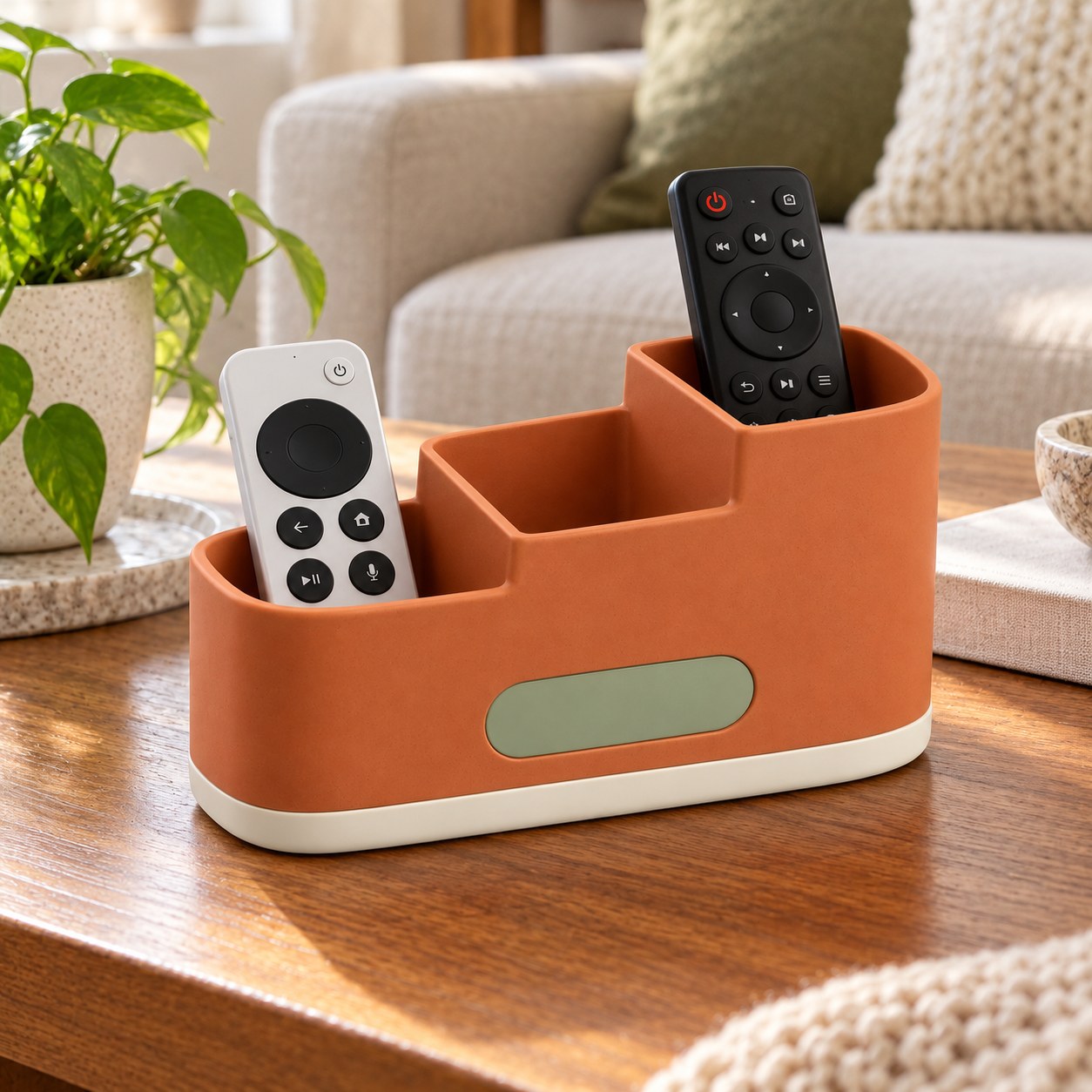 Havenstep remote caddy on an oak side table