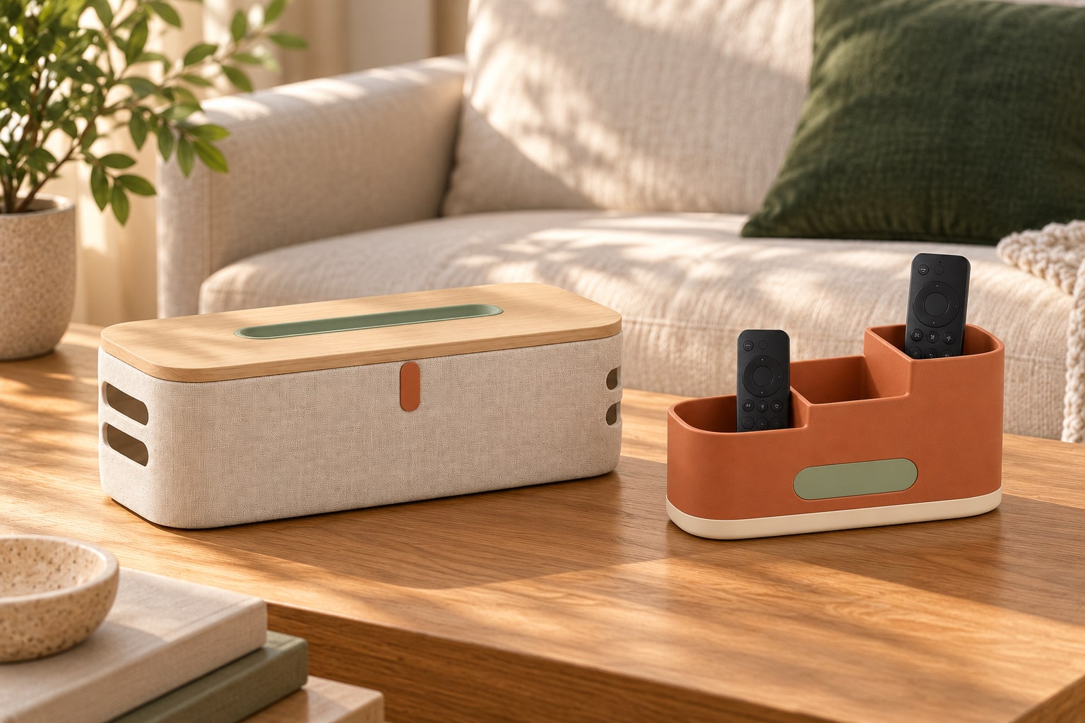 Hearthline cable box and Havenstep caddy in a bright living room